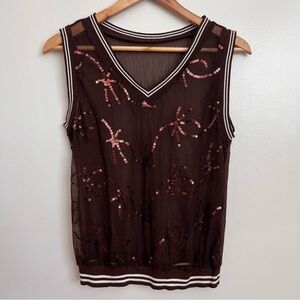 VTG Brown Sheer V-neck Sequined Top Size S